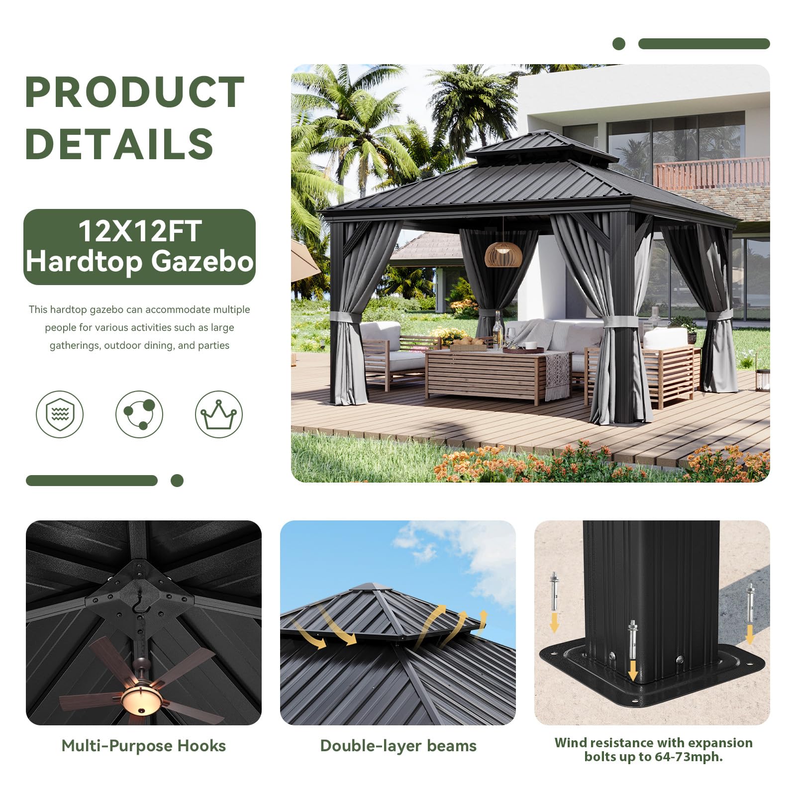 12' X 12' Hardtop Gazebo with Drainage System, Aluminum Outdoor Gazebo with Galvanized Steel Double Roof, Patio Permanent Metal Pavilion with Netting, for Garden, Deck, Grey