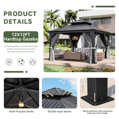 12' X 12' Hardtop Gazebo with Drainage System, Aluminum Outdoor Gazebo with Galvanized Steel Double Roof, Patio Permanent Metal Pavilion with Netting, for Garden, Deck, Grey