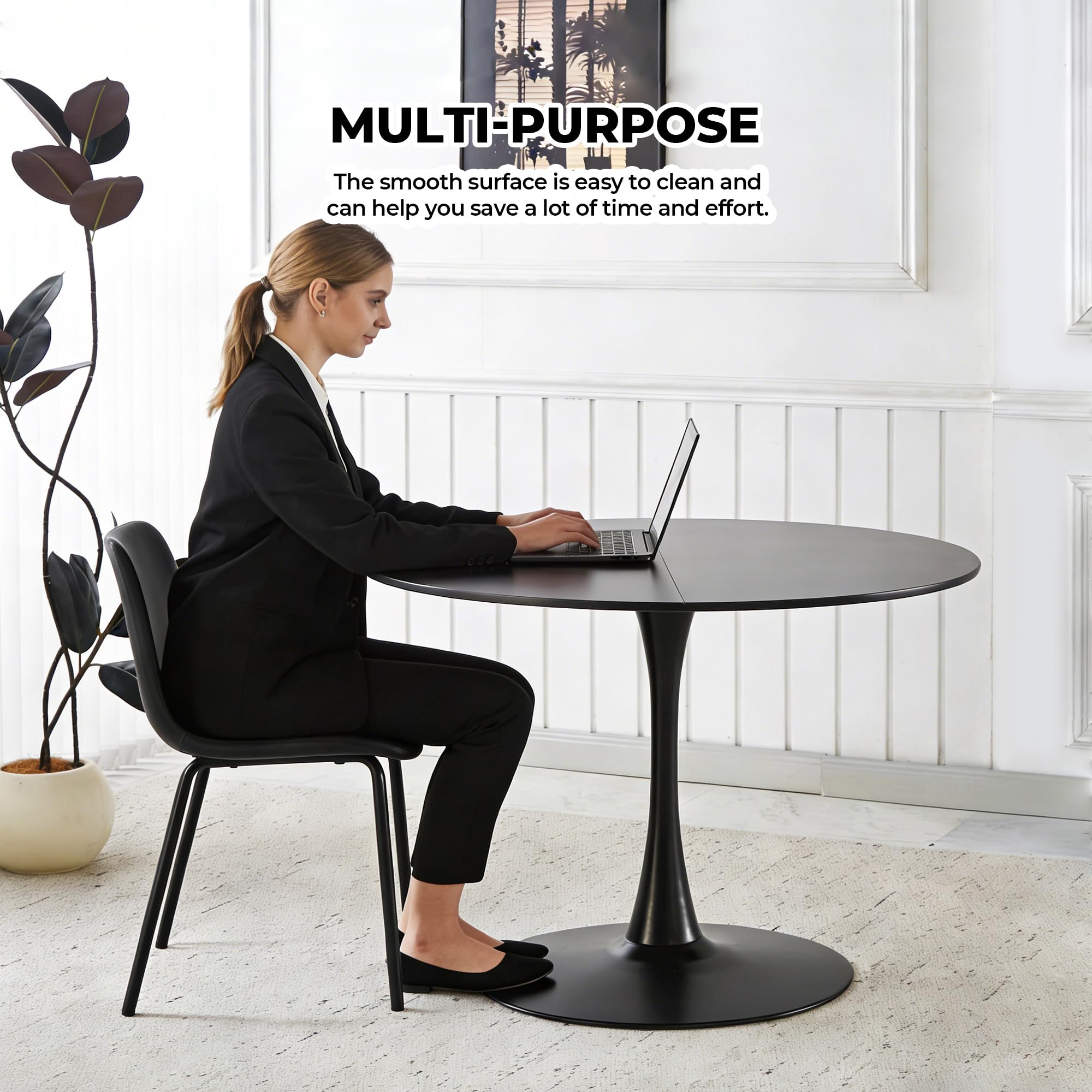 42" Tulip Table for 4-6 Persons Modern Round Dining Room Table, Mid-Century Modern Black Small Kitchen Table with MDF Wooden Top, Leisure Coffee Table for Living Room, Dining Room, Office