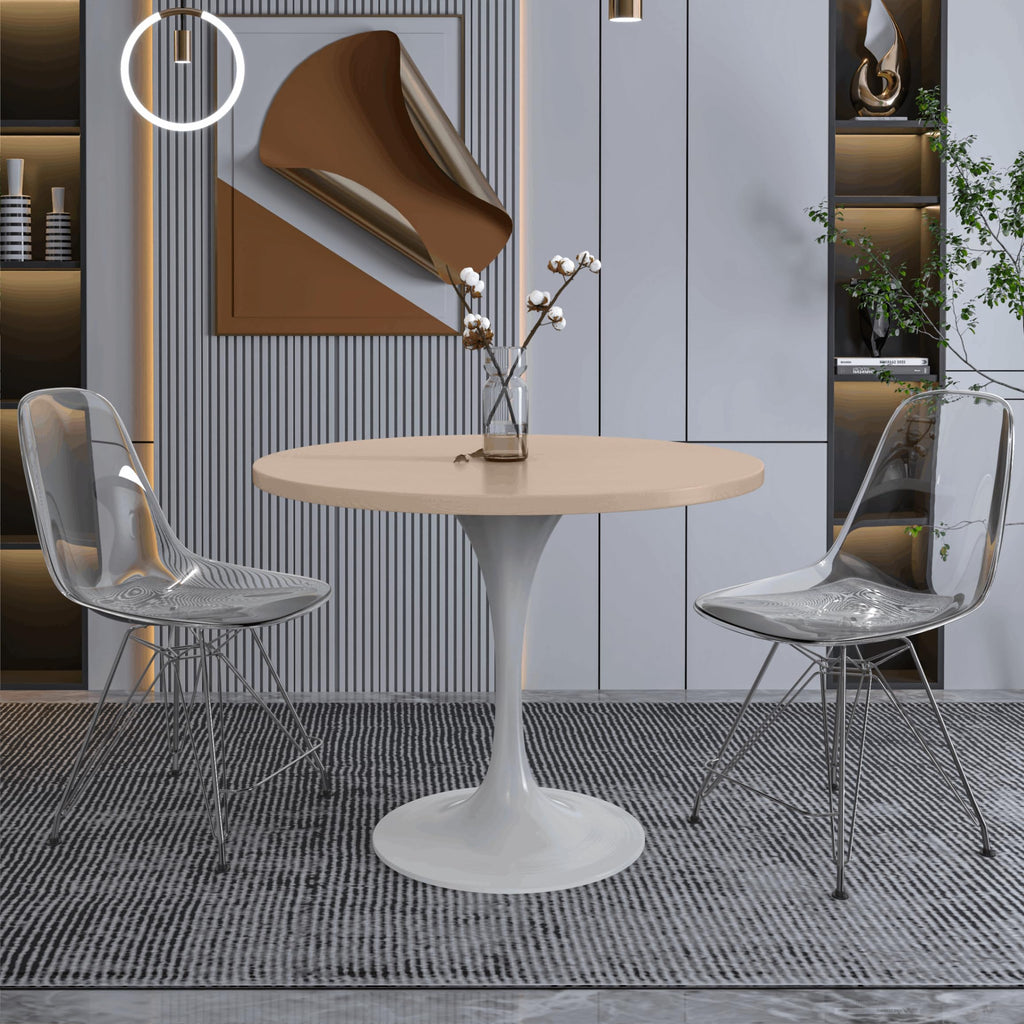 Mid-Century Modern 36 Inch Round Dining Table, MDF Wood Tabletop with White Steel Pedestal Base, Contemporary Kitchen & Dining Room Table, for Small Spaces (Light Natural)