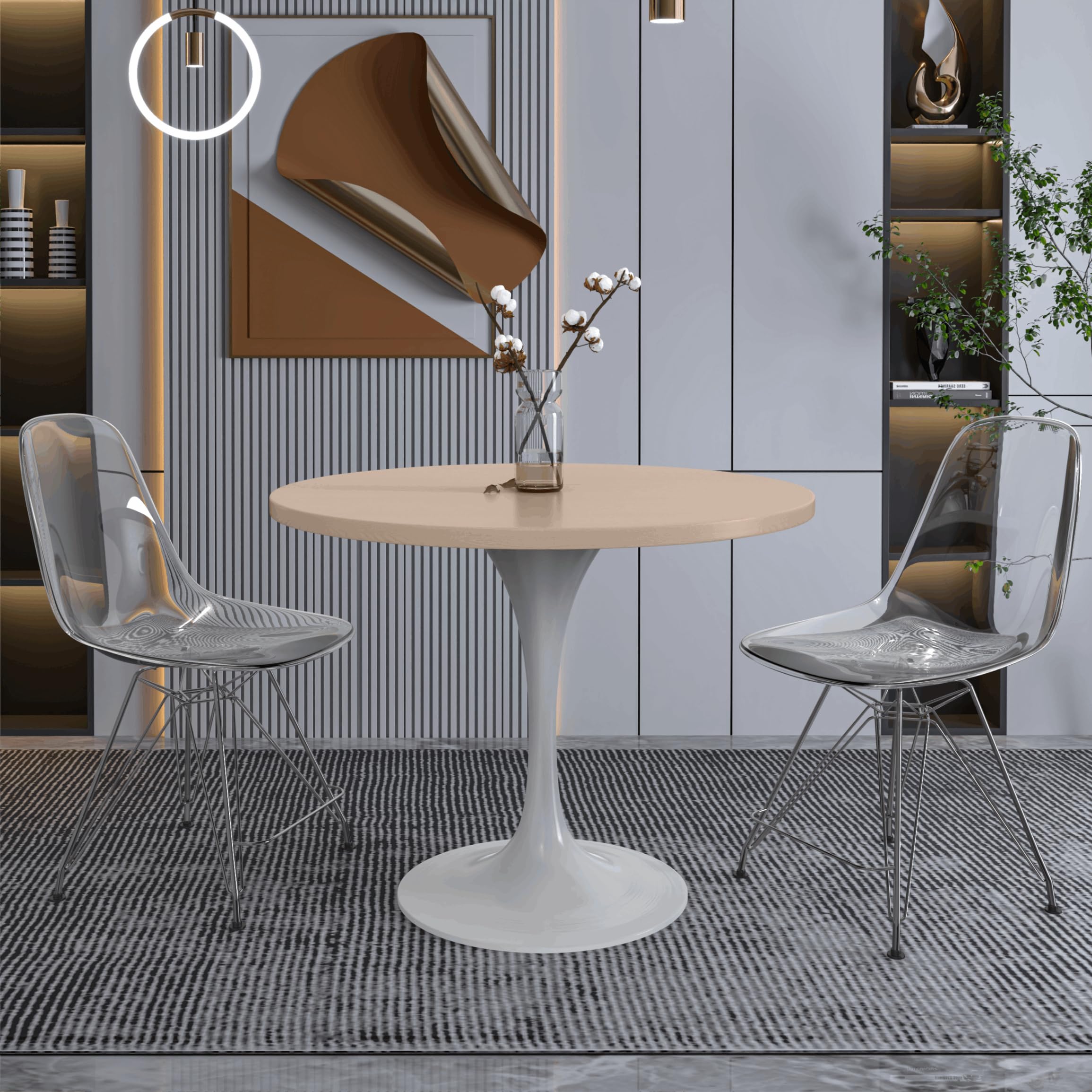 Mid-Century Modern 36 Inch Round Dining Table, MDF Wood Tabletop with White Steel Pedestal Base, Contemporary Kitchen & Dining Room Table, for Small Spaces (Light Natural)