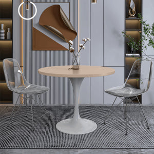 Mid-Century Modern 36 Inch Round Dining Table, MDF Wood Tabletop with White Steel Pedestal Base, Contemporary Kitchen & Dining Room Table, for Small Spaces (Light Natural)