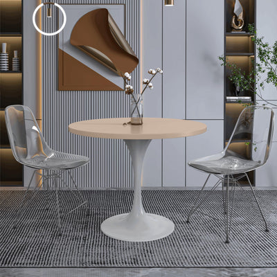 Mid-Century Modern 36 Inch Round Dining Table, MDF Wood Tabletop with White Steel Pedestal Base, Contemporary Kitchen & Dining Room Table, for Small Spaces (Light Natural)