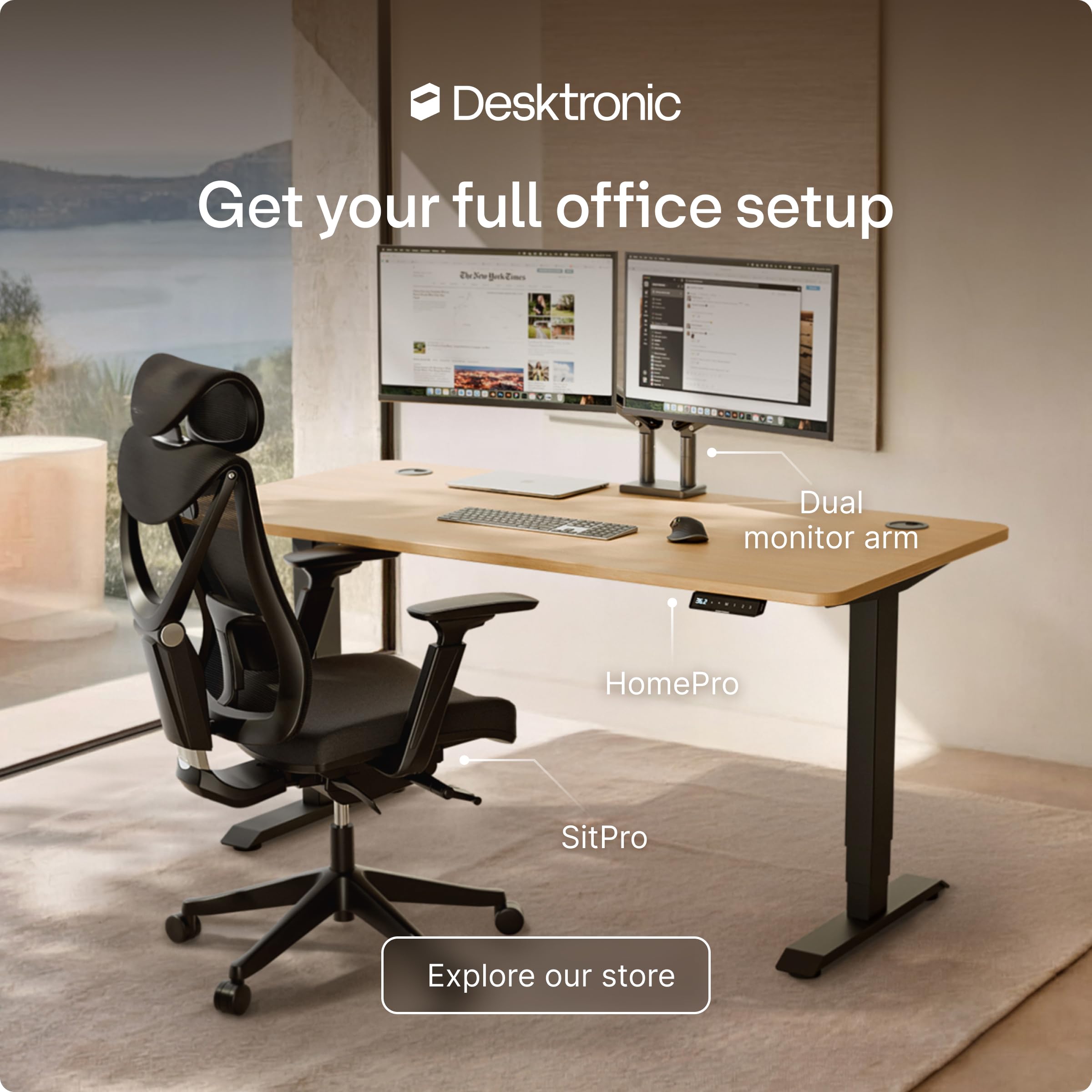 HomePro Standing Desk 54x28 — Made in Europe, Ergonomic Sit Stand Home Office Desk, Electric Height Adjustable, Dual Motor, USB & USB-C Charging, Wobble-Free, Touchscreen, 3 Memory Presets