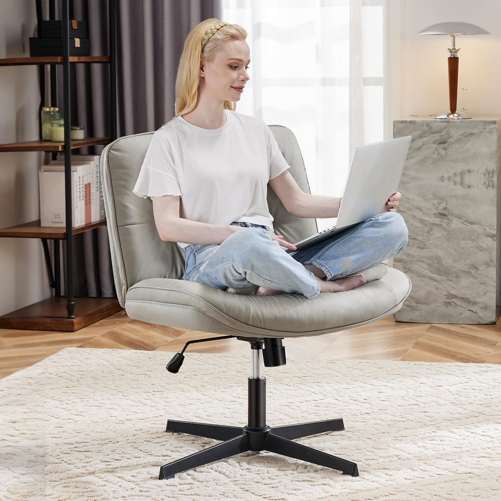 Criss Cross Chair with 360° Swivel Wheels, Armless Wide Cross Legged Vanity Office Desk Chair with Comfy PU Leather& Back - Swivel for Home Office Bedroom Study, Gray