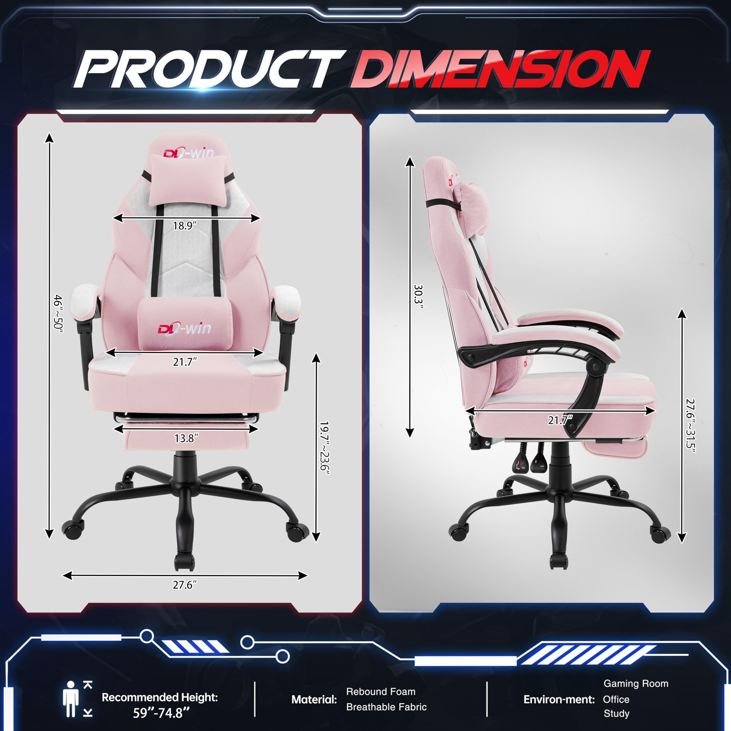 Video Gaming Chair for Adults, Computer Chair with Footrest and Ergonomic High Back, Big and Tall Gamer Chair with Massage Lumbar Support (Blush)