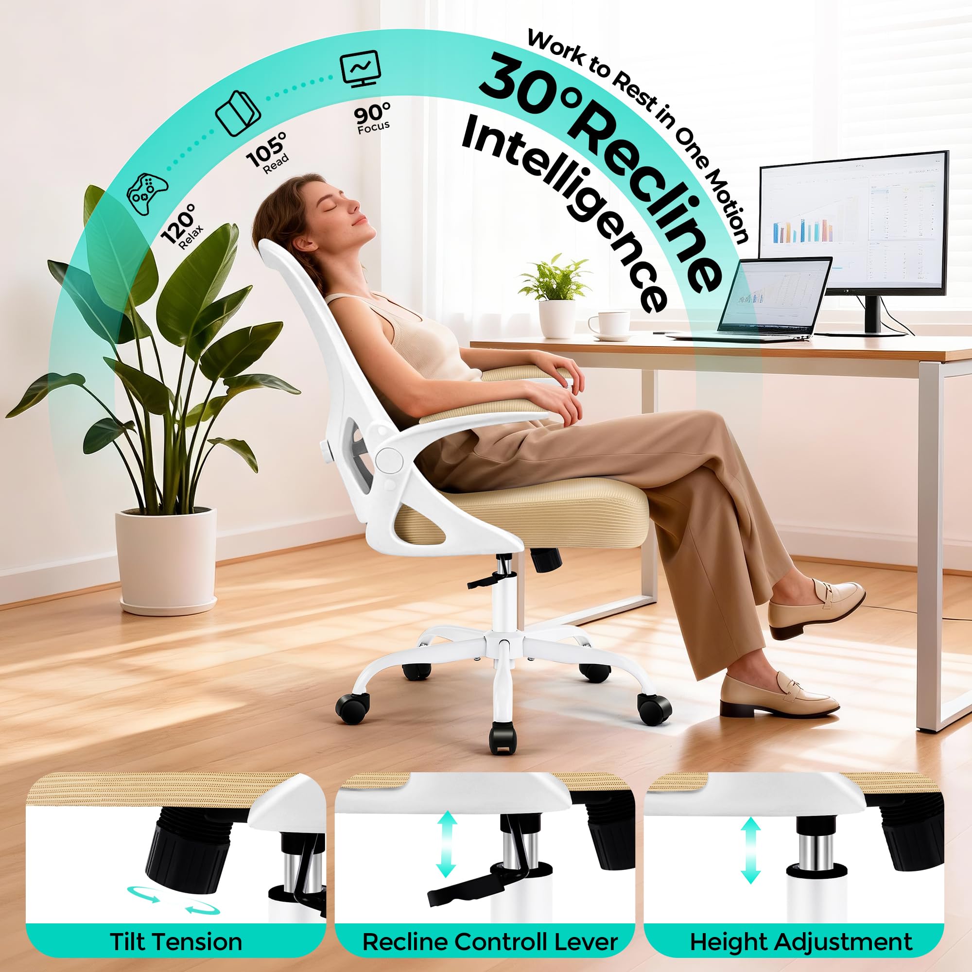 Office Chair - Ergonomic Breathable Mesh Desk Chair with Adjustable Lumbar Support and Flip-up Armrests - Executive High Back Rolling Swivel Comfortable Computer Gaming Chair for Home Office