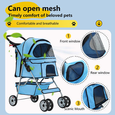 Pet Stroller 4-Wheel Dog Cat Stroller Travel Folding Carrier Puppy Stroller with Cup Holder and Removable Liner for Small Medium Dogs Cats, Blue