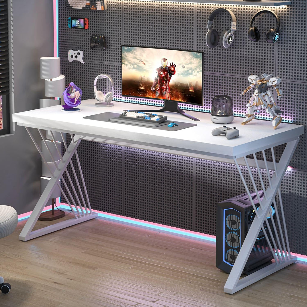 Modern White Desk, Rustic Wood and Metal Computer Desk for Home Office, Simple Writing Work PC Desks for Bedroom, Industrial Study Gaming Table for Living Room, White, 53 Inch