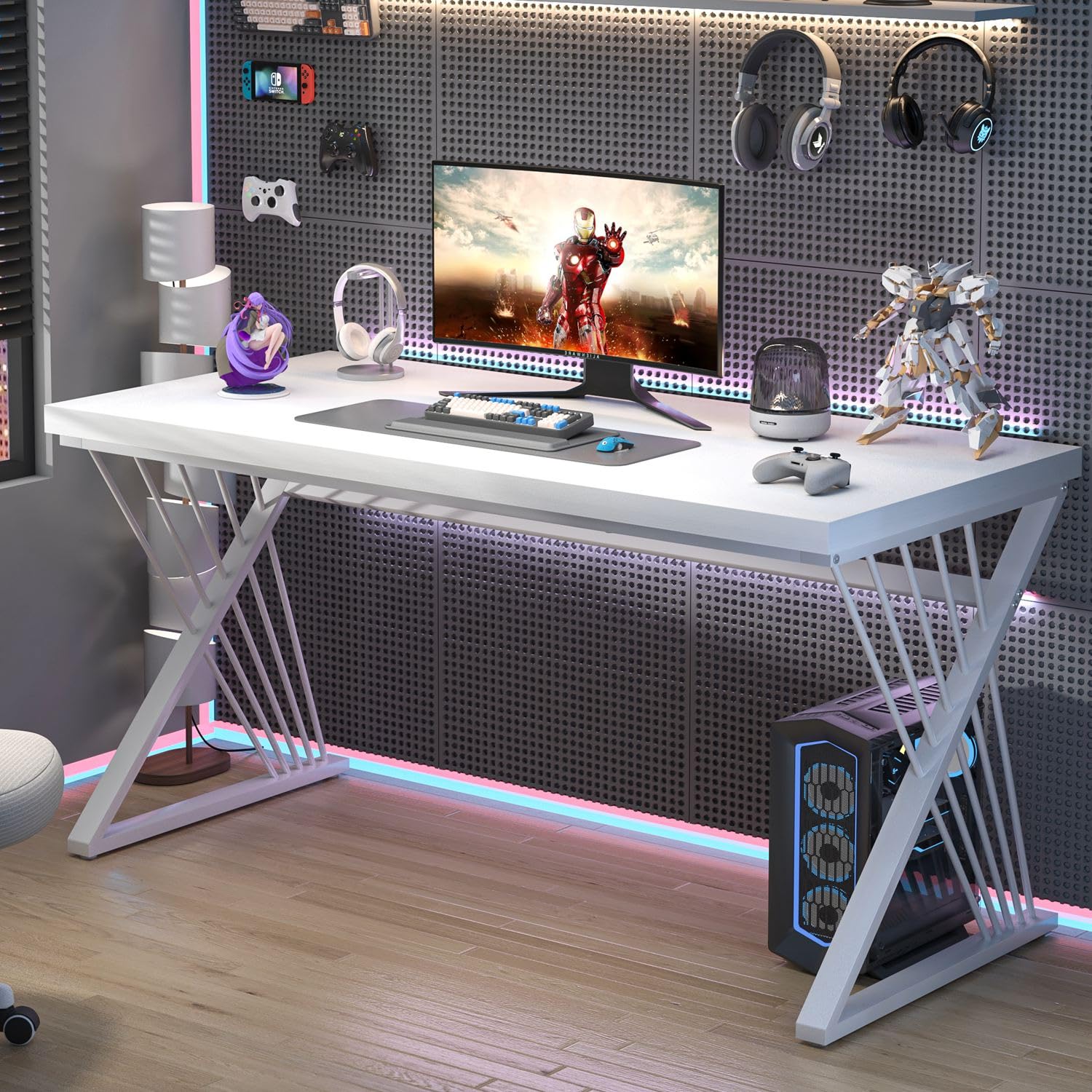 Modern White Desk, Rustic Wood and Metal Computer Desk for Home Office, Simple Writing Work PC Desks for Bedroom, Industrial Study Gaming Table for Living Room, White, 53 Inch