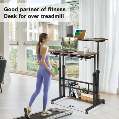 Mobile Standing Desk Adjustable Height, Rolling Desk Stand Up Desk, Mobile Laptop Desk, Rolling Computer Desk with Charging Station, Portable Desk with Wheels, Rustic Brown