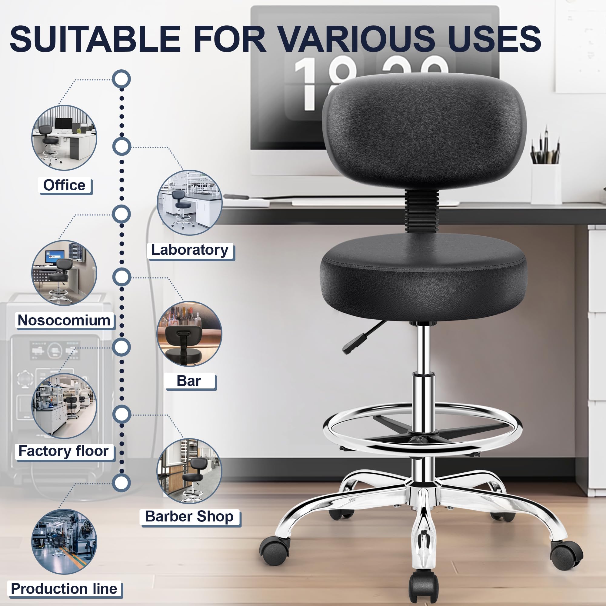 Drafting Chair with Backrest – Adjustable Foot Rest Rolling Stool with Wheels, PU Leather Swivel Stool for Office Spa Studio Lab Counter Salon Home Work Bar Kitchen Shop(Silver)