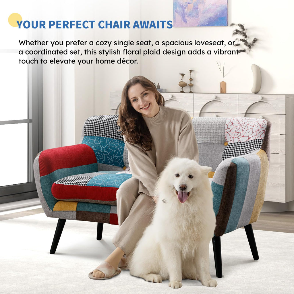 Modern Boho Loveseat Couch Sofa Chair for Living Room Bedroom, Upholstered Colorful Plaid Fabric 2-Seat Love Seat Sofa with Wood Leg for Small Space, One Loveseat