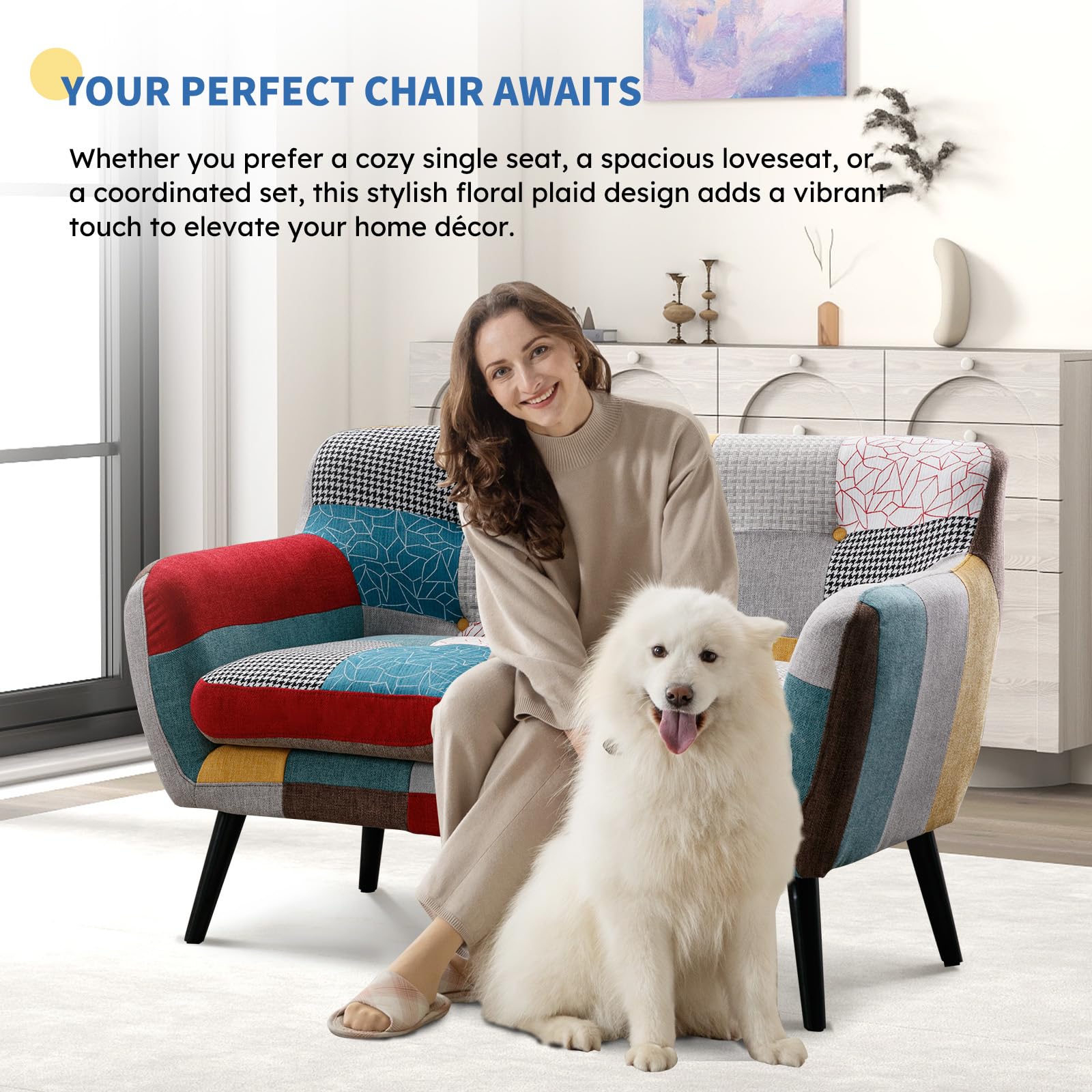 Modern Boho Loveseat Couch Sofa Chair for Living Room Bedroom, Upholstered Colorful Plaid Fabric 2-Seat Love Seat Sofa with Wood Leg for Small Space, One Loveseat