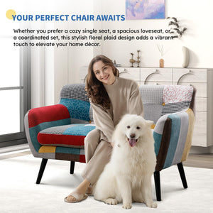 Modern Boho Loveseat Couch Sofa Chair for Living Room Bedroom, Upholstered Colorful Plaid Fabric 2-Seat Love Seat Sofa with Wood Leg for Small Space, One Loveseat