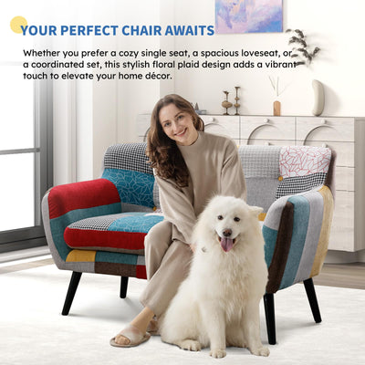 Modern Boho Loveseat Couch Sofa Chair for Living Room Bedroom, Upholstered Colorful Plaid Fabric 2-Seat Love Seat Sofa with Wood Leg for Small Space, One Loveseat