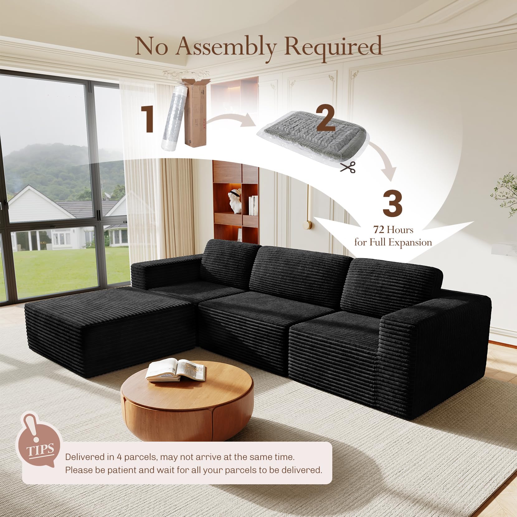 119" L-Shaped Modular Sectional Sofa, Corduroy Cloud Couch with Deep Seating & Spring Support, Flexible Layout Sofa with Ottoman, Boneless Style, No Assembly Required, Black