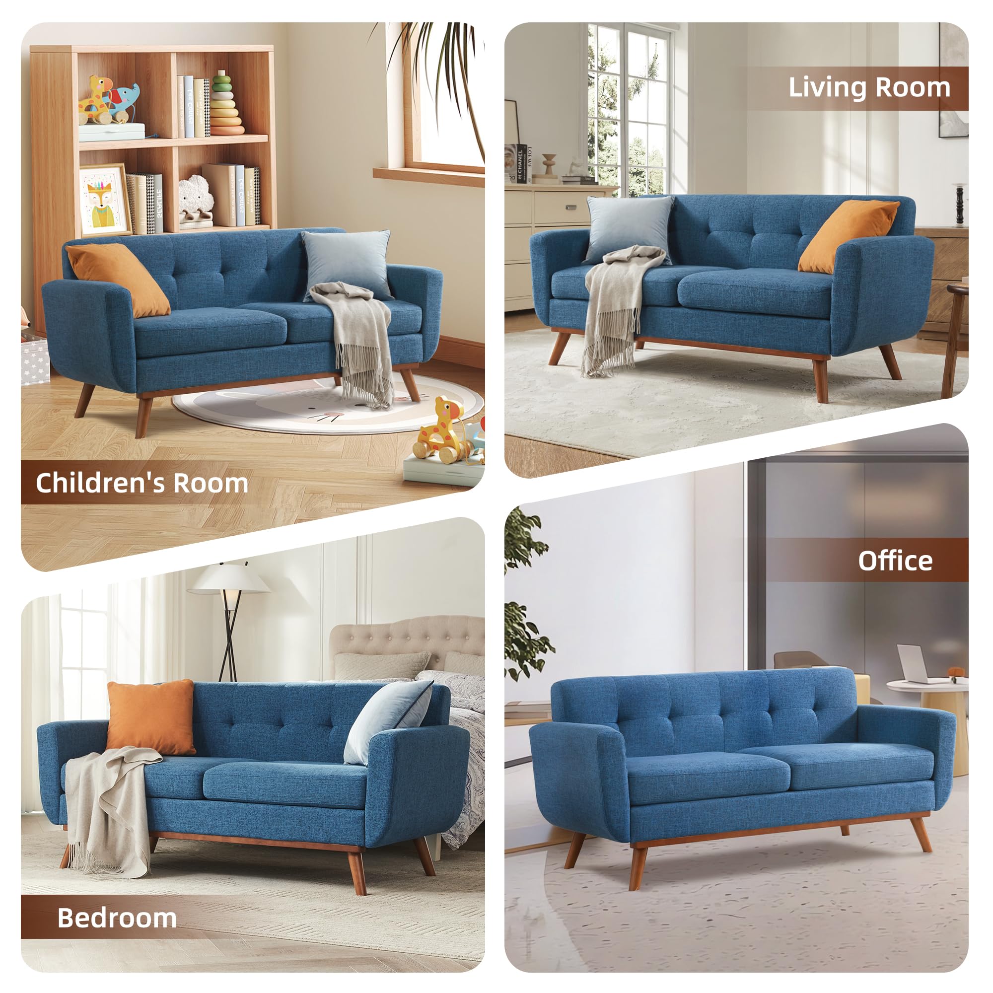 65.2" W Loveseat Sofa, Mid Century Modern Decor Love Seat Couches for Living Room, Button Tufted Upholstered Furniture, Solid & Easy to Install Small Couch for Bedroom Office Apartment, Blue
