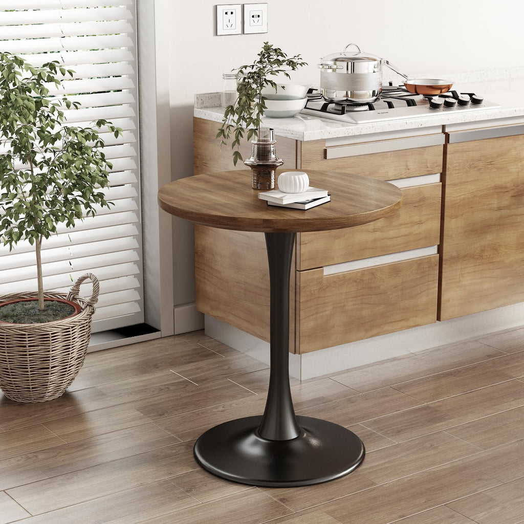 Round Dining Table 24" Circle Tulip Table with Wood Thickened Tabletop & Sturdy Metal Pedestal Mid Century Modern Farmhouse Kitchen Tables 2 People Small Places Living Room Cafe,Somber Walnut