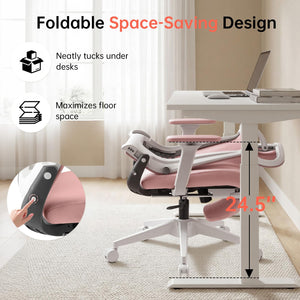 Foldable Office Chair with Foot Rest, Ergonomic Office Chair with Adjustable Lumbar Support, Headrest, Armrest, Home Office Desk Chair for Space Saving, Work from Home, Pink
