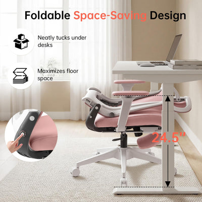 Foldable Office Chair with Foot Rest, Ergonomic Office Chair with Adjustable Lumbar Support, Headrest, Armrest, Home Office Desk Chair for Space Saving, Work from Home, Pink