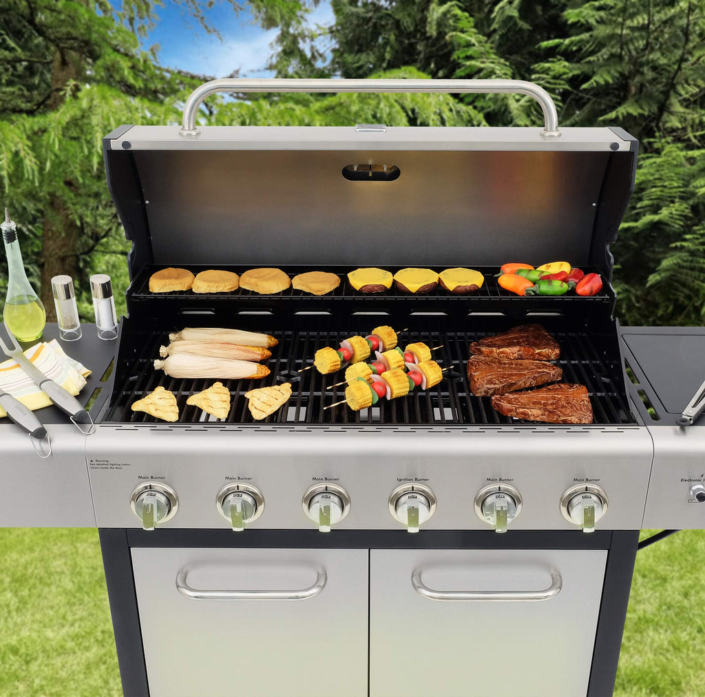 6-Burner Propane Gas BBQ Grill with Side Burner, 73,000 BTUs, Stainless Steel Cabinet Grill with Cast Iron Grates for Outdoor Cooking, Backyard BBQ, Patio, Large Parties
