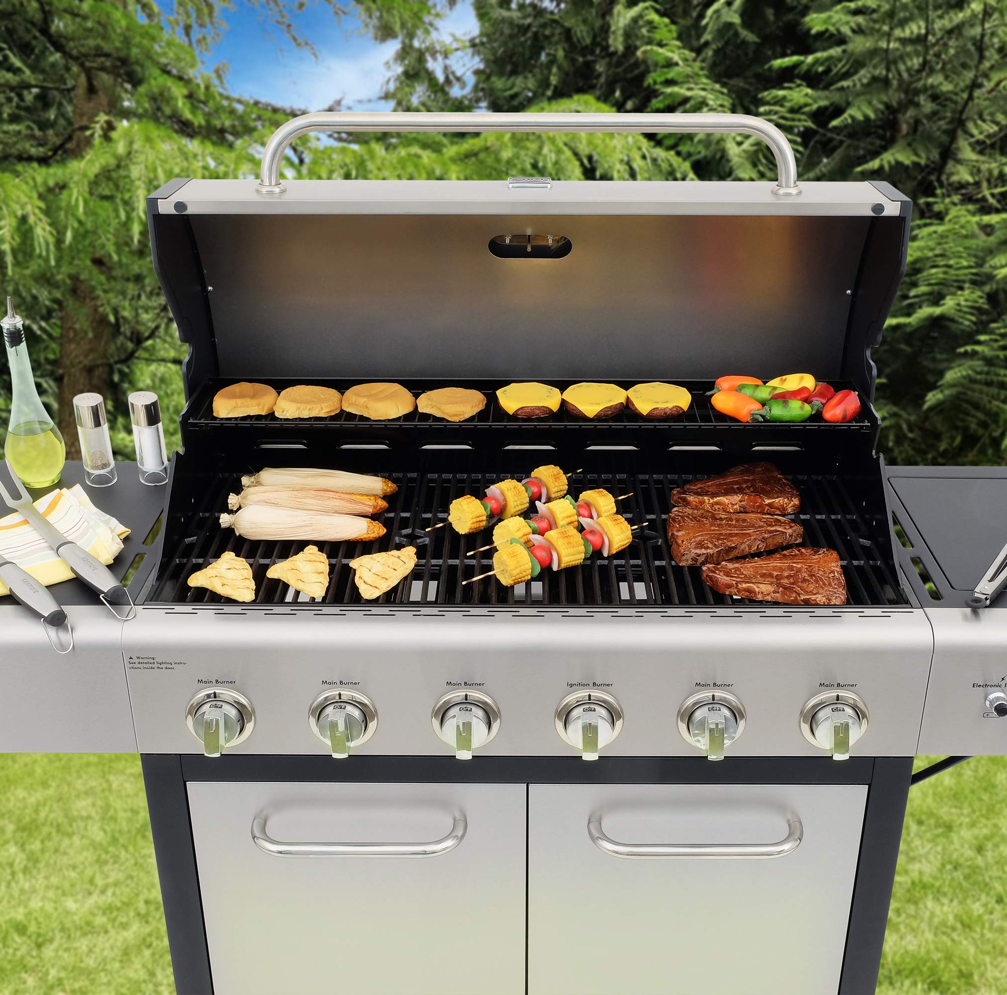 6-Burner Propane Gas BBQ Grill with Side Burner, 73,000 BTUs, Stainless Steel Cabinet Grill with Cast Iron Grates for Outdoor Cooking, Backyard BBQ, Patio, Large Parties