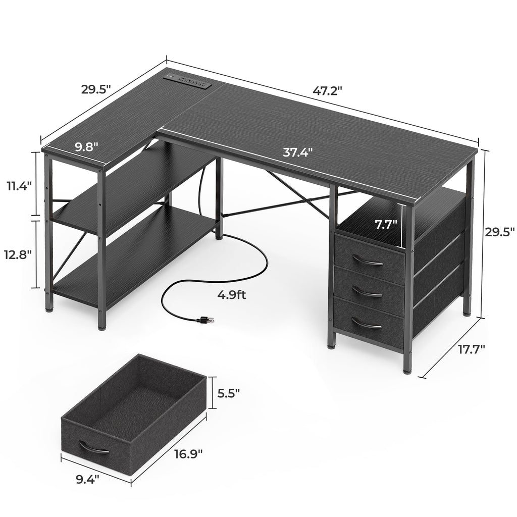 L Shaped Office Desk with Power Outlets, 47 Inch Computer Desk with 3 Drawers, Shelves, for Gaming, Corner Work, Home Office, Study, Black