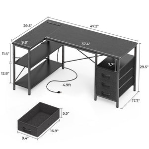 L Shaped Office Desk with Power Outlets, 47 Inch Computer Desk with 3 Drawers, Shelves, for Gaming, Corner Work, Home Office, Study, Black