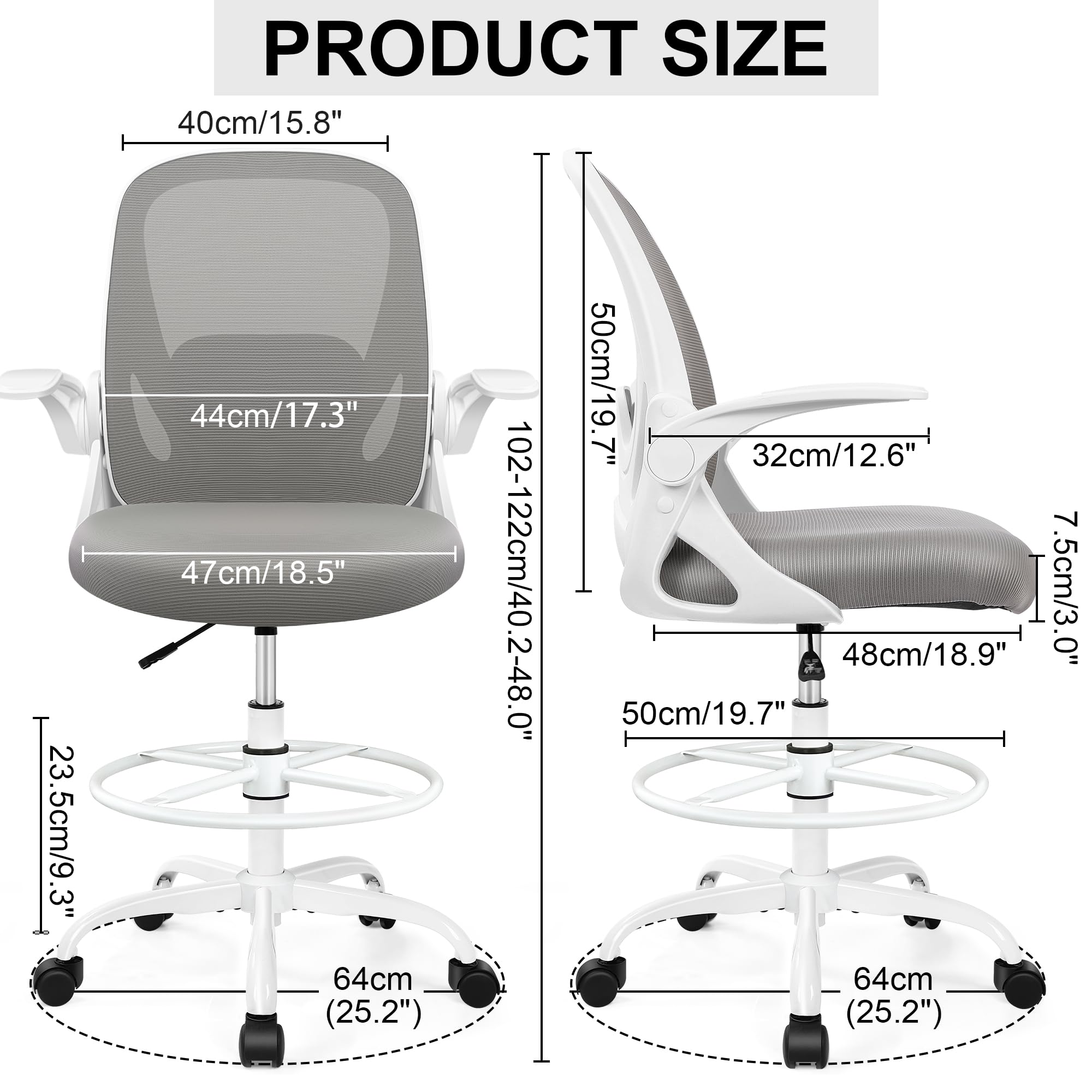 Drafting Chair Tall Office Chair with Flip-up Armrests, Adjustable Height, and Enhanced Lumbar Support - Ergonomic Rolling Stool, Back Support, and Adjustable Foot Rest Ring for Standing Desk Gray