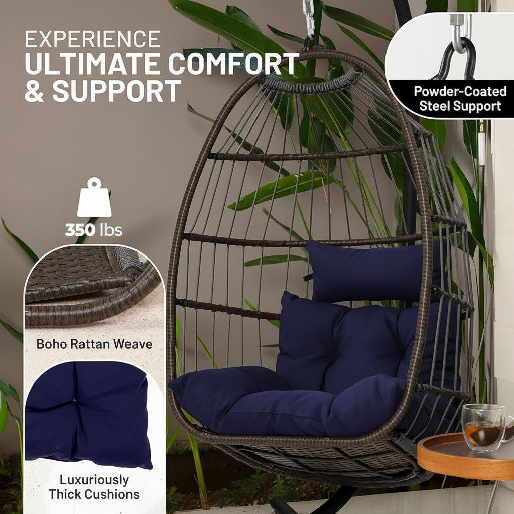 Egg Chair with Stand – Hanging Rattan Wicker Swing for Indoor Outdoor Use – 350 lbs Capacity, Breathable Cushion & Headrest – Patio, Balcony, Porch, Bedroom Lounge Furniture