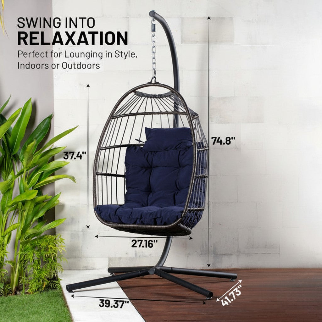 Egg Chair with Stand – Hanging Rattan Wicker Swing for Indoor Outdoor Use – 350 lbs Capacity, Breathable Cushion & Headrest – Patio, Balcony, Porch, Bedroom Lounge Furniture