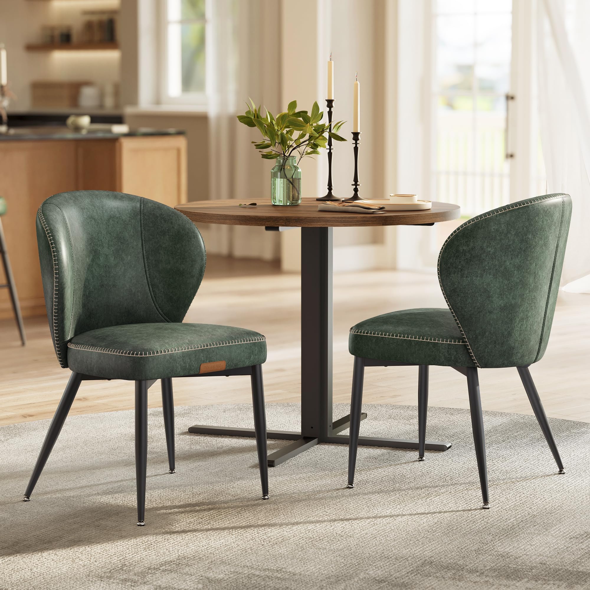 Dining Chairs Set of 2, Upholstered Kitchen Chairs, Comfortable Seat, Synthetic Leather with Stitching, Mid-Century Modern, Easy Assembly, Living Room Lounge, Forest Green