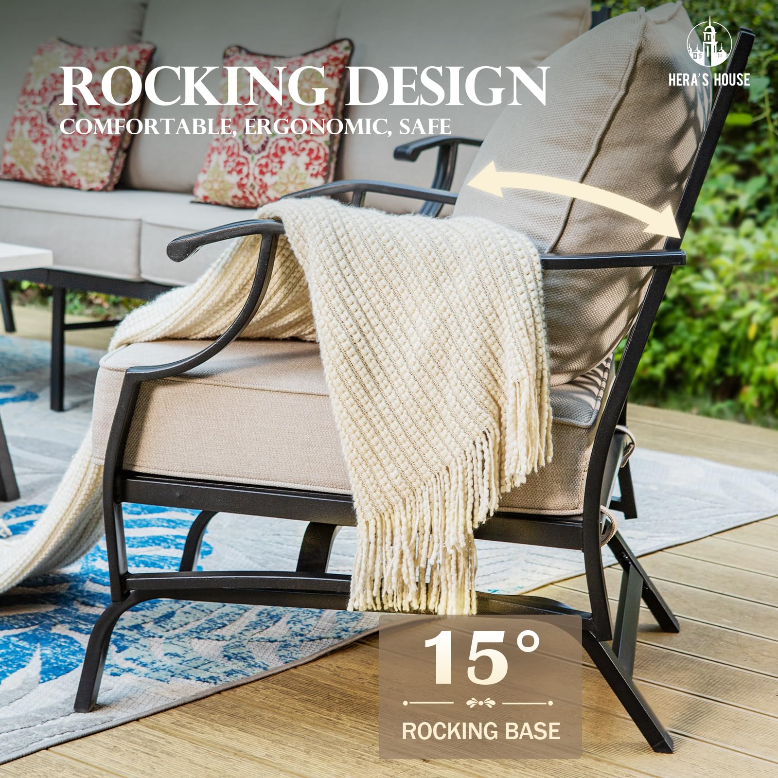 5 Pieces Patio Furniture Set, 2 x Cushioned Rocking Chair, 2 x Ottoman, 1 x 3-Seat Sofa, All Cushioned 7 Seats Outdoor Conversation Set for Lawn Garden Backyard