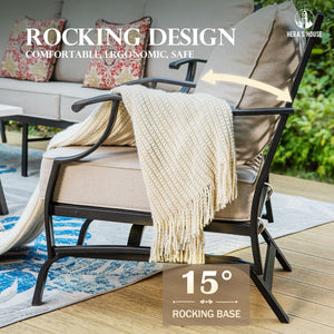 5 Pieces Patio Furniture Set, 2 x Cushioned Rocking Chair, 2 x Ottoman, 1 x 3-Seat Sofa, All Cushioned 7 Seats Outdoor Conversation Set for Lawn Garden Backyard