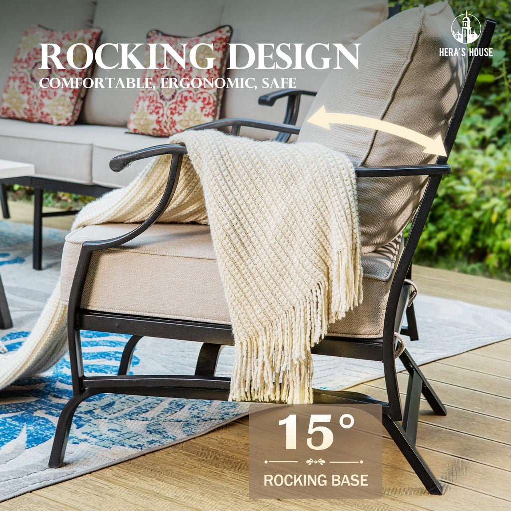 7 Piece Patio Furniture Set, 2 x Rocking Chair, 2 x Fixed Chair, 2 x Ottoman, 1 x 3-Seat Sofa, All Cushioned 9 Seats Outdoor Conversation Set for Lawn Garden Backyard