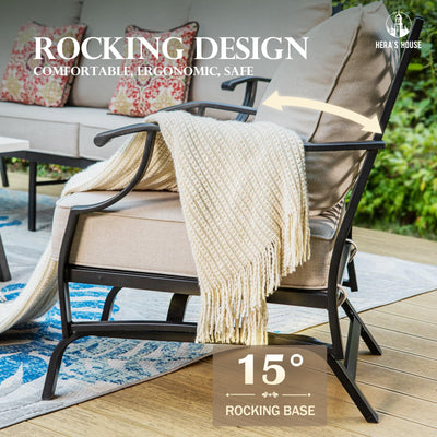 7 Piece Patio Furniture Set, 2 x Rocking Chair, 2 x Fixed Chair, 2 x Ottoman, 1 x 3-Seat Sofa, All Cushioned 9 Seats Outdoor Conversation Set for Lawn Garden Backyard