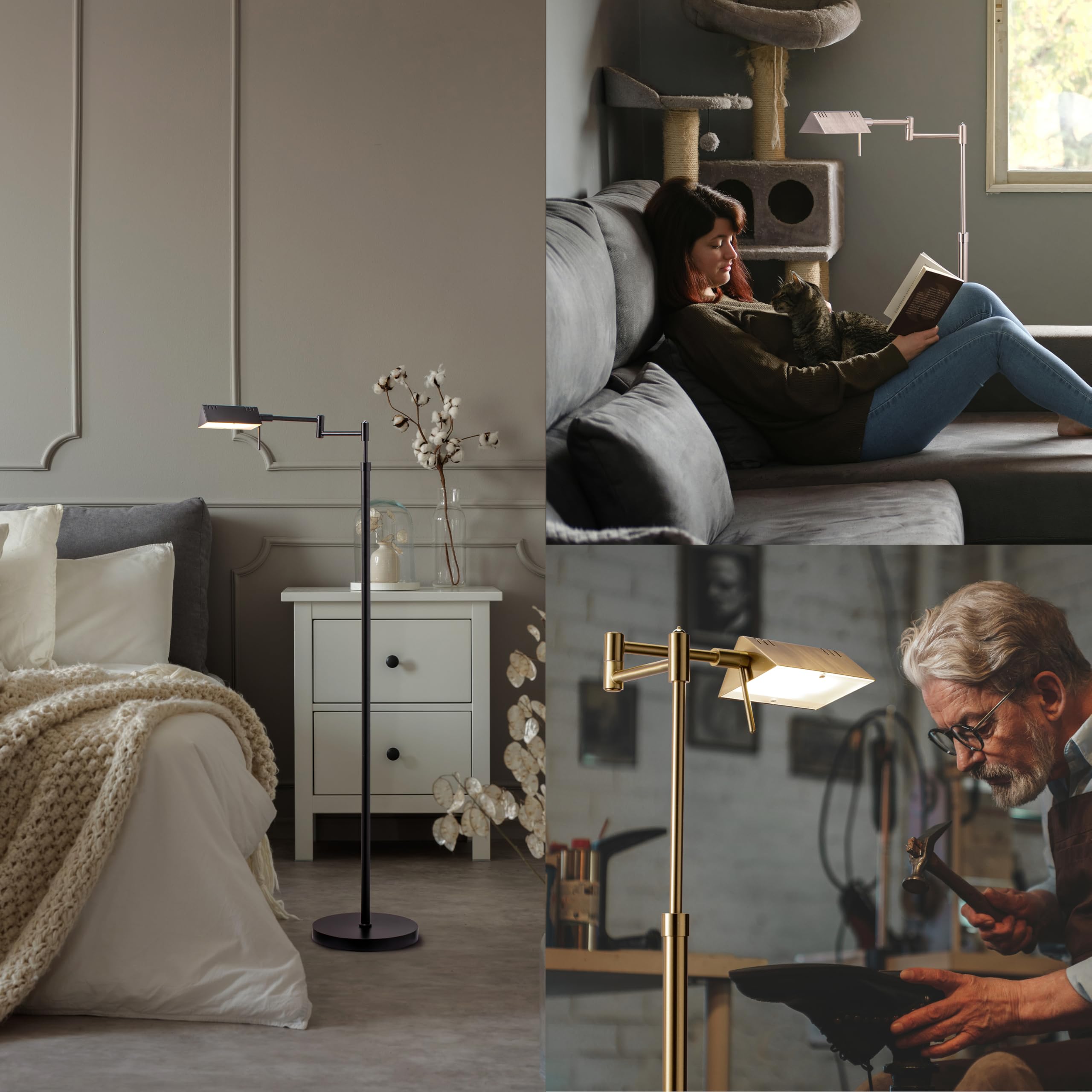 Dimmable LED Pharmacy Floor Lamp, 12W LED, Full Range Dimming, 360 Degree Swing Arms, Adjustable Heights, Standing Lamp for Reading, Sewing, and Craft, ETL Listed, Brushed Nickel
