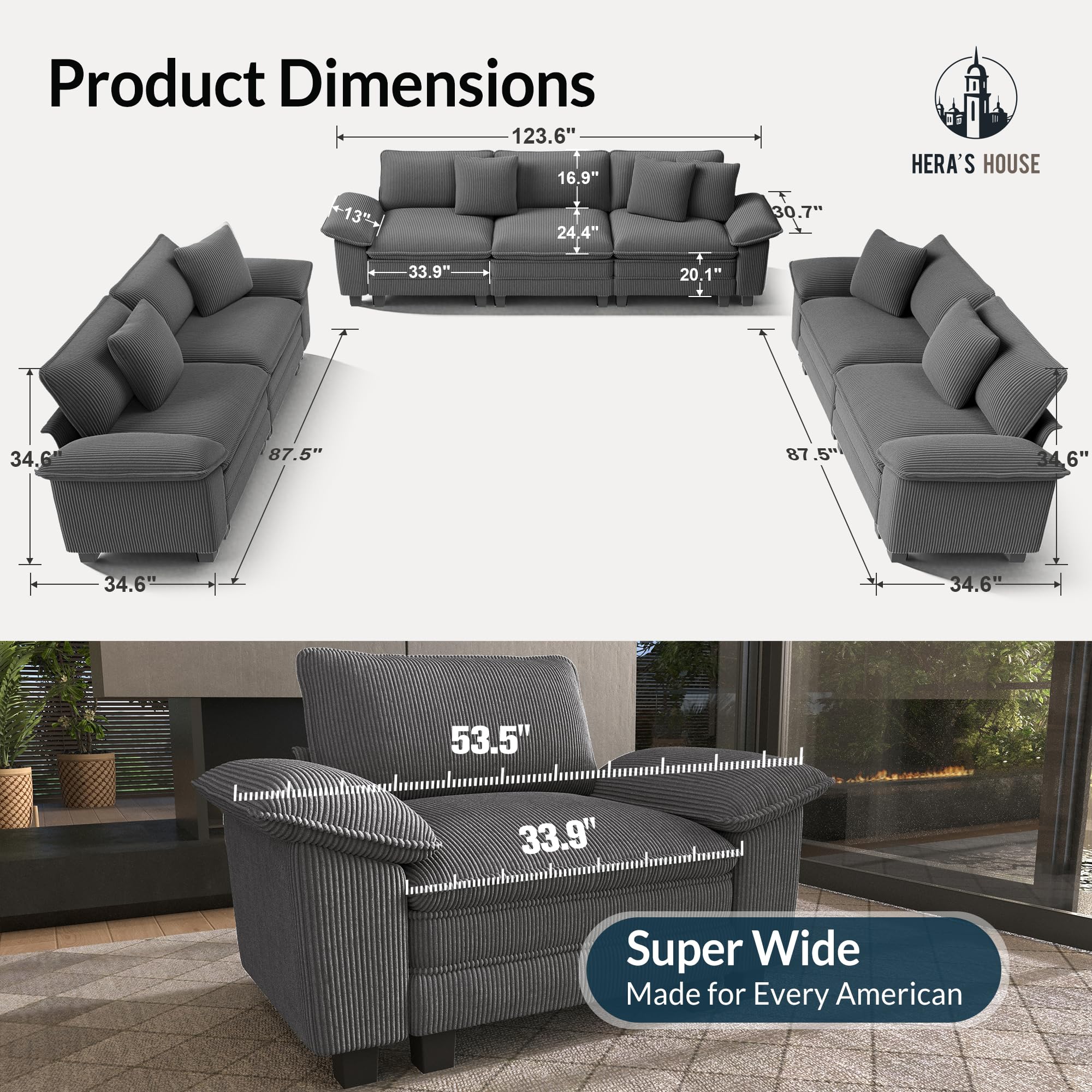 3 Pieces Modular Sectional Sofa Sets, Oversized Couch Set with Loveseats, Comfy Cloud Couches with Throw Pillows, 7-Seater Deep Seat Sofa for Living Room, Corduroy Grey