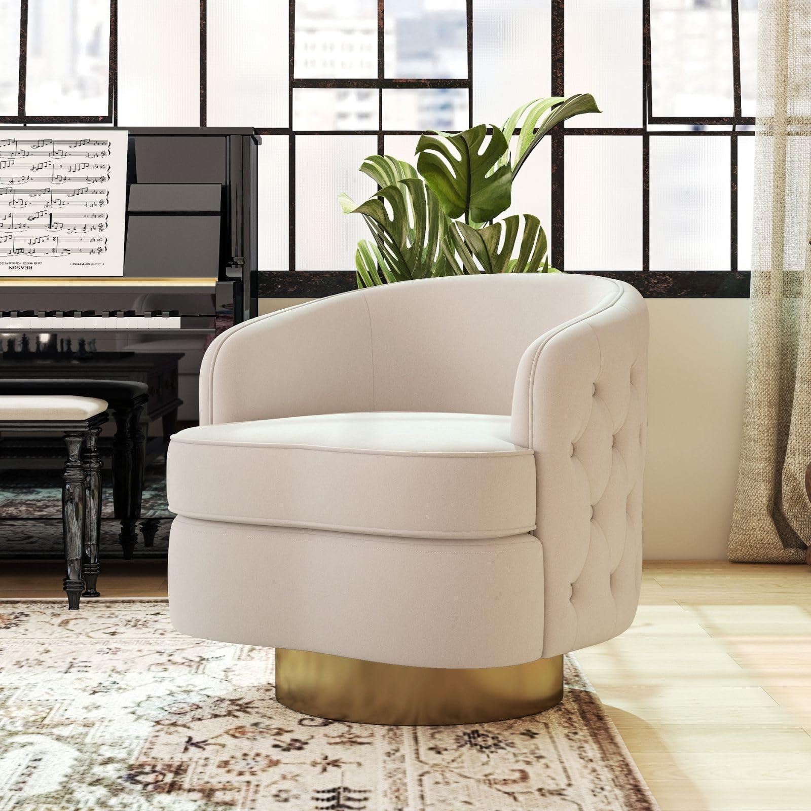 Modern Accent Chair, Swivel Barrel Armchair for Living Room, Button Tufted Velvet Comfy Chairs, Round Upholstered Single Sofa Seating with Gold Base, White