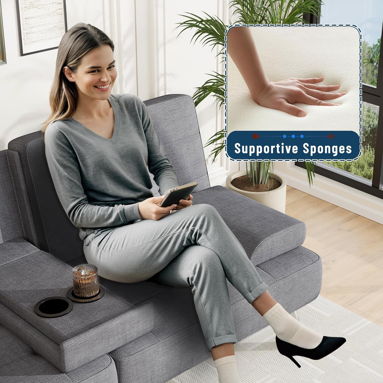 Sofa Bed Adjustable Futon Couch Sleeper Sofa Bed for Living Room, Business Office, Recliner Sofas with Cup Holders (Fabric, Gray)