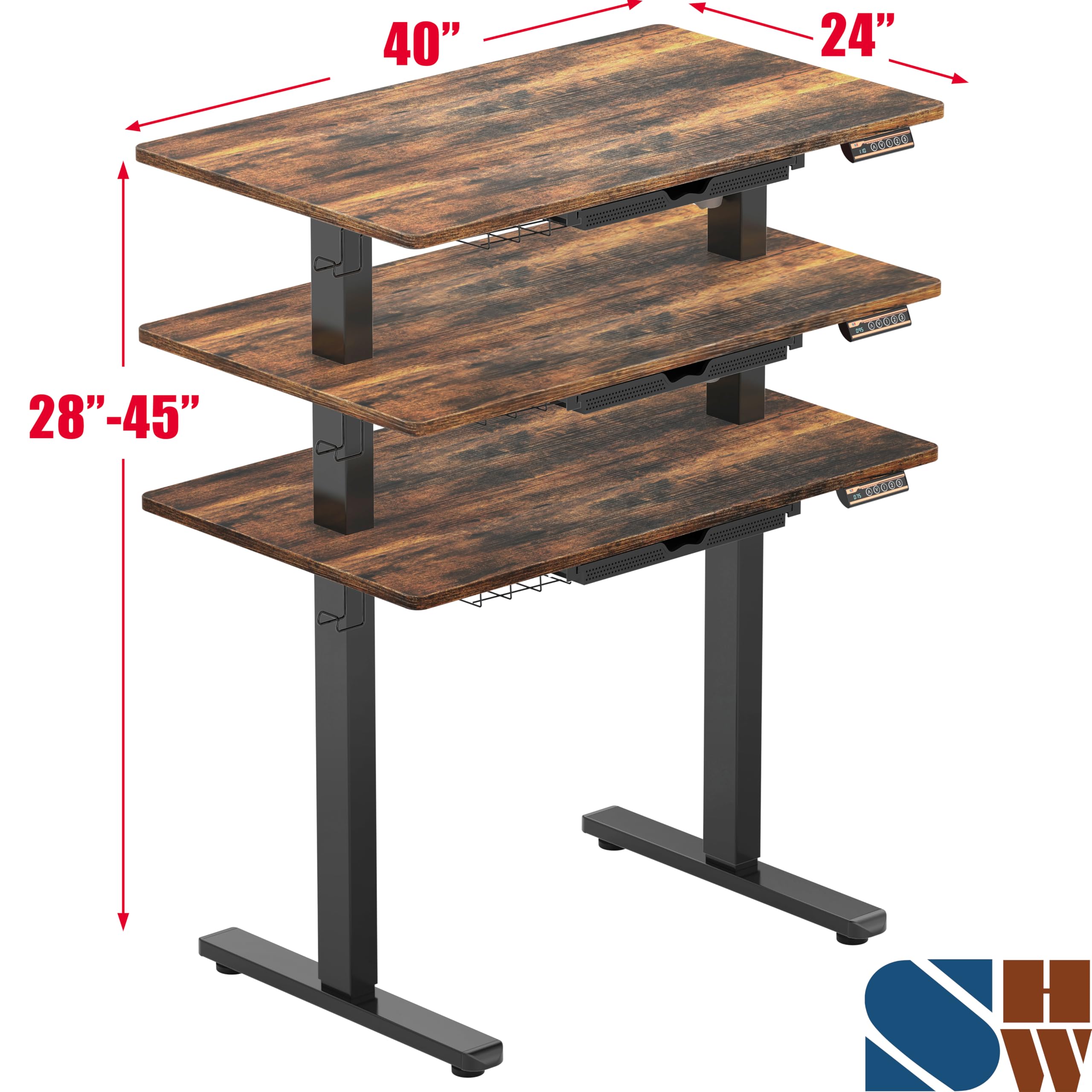 40-Inch Electric Height Adjustable Standing Desk with Drawer, Memory Preset and Cable Management Tray, Rustic Brown