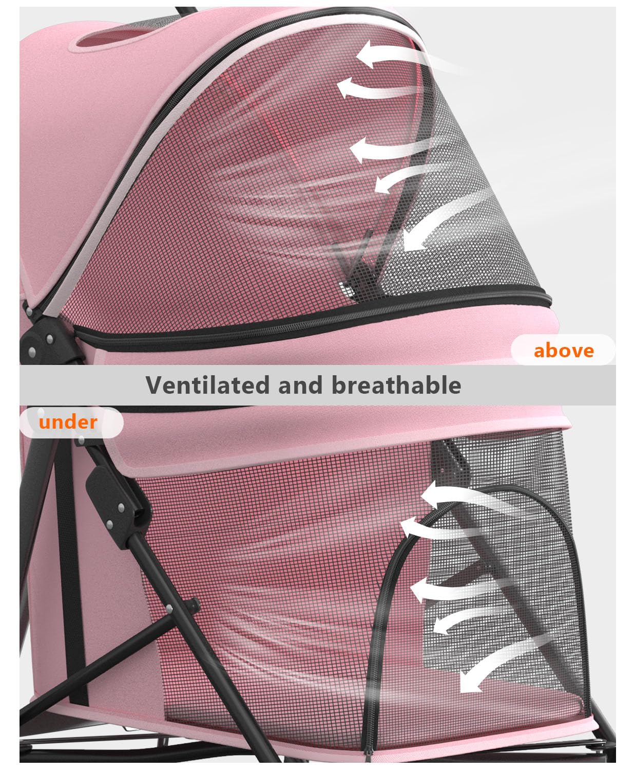 Pet Stroller with 4 Wheels for Small/Medium Pets, Portable Travel Foldable Carrier Jogger for Dog Cat Puppy Kitty, Rear Wheel Breaks, Storage Basket, Visible Mesh with Weather Cover (Pink)