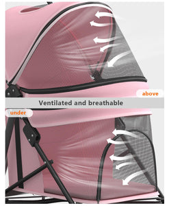 Pet Stroller with 4 Wheels for Small/Medium Pets, Portable Travel Foldable Carrier Jogger for Dog Cat Puppy Kitty, Rear Wheel Breaks, Storage Basket, Visible Mesh with Weather Cover (Pink)
