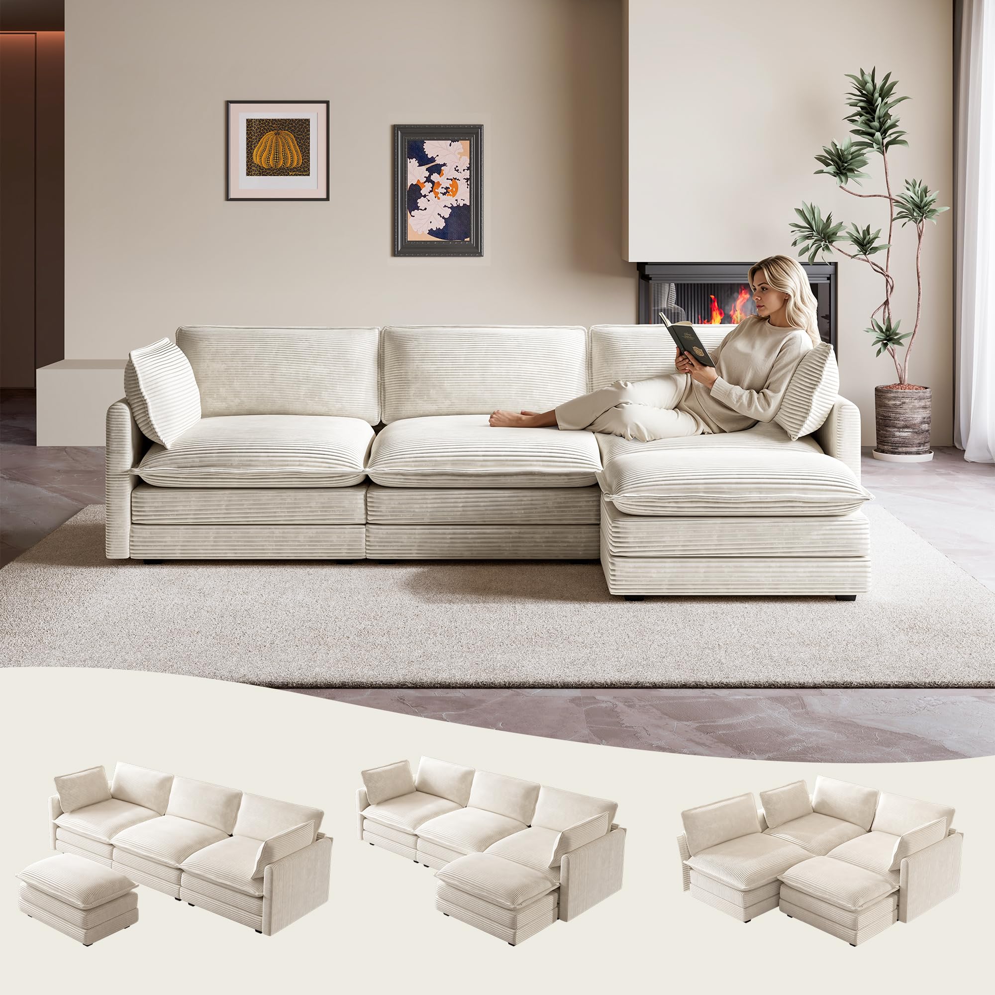 104'' Modular Sectional Cloud Couch with Movable Ottoman, 4 Seat Modern Corduroy Sofa, Deep Seat L Shaped Couch for Living Room Bedroom Apartment, Beige