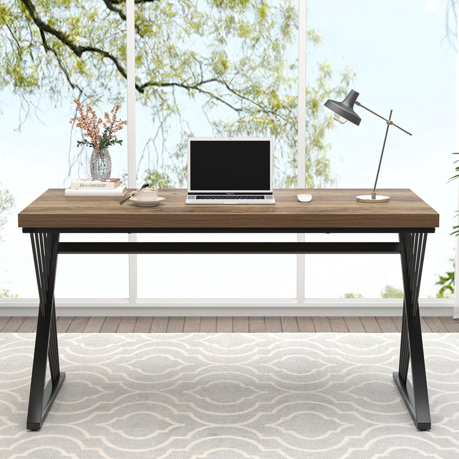 Computer Desk, Wood and Metal Study Writing Gaming Table for Bedroom Living Room, Rustic Oak, 53 Inch