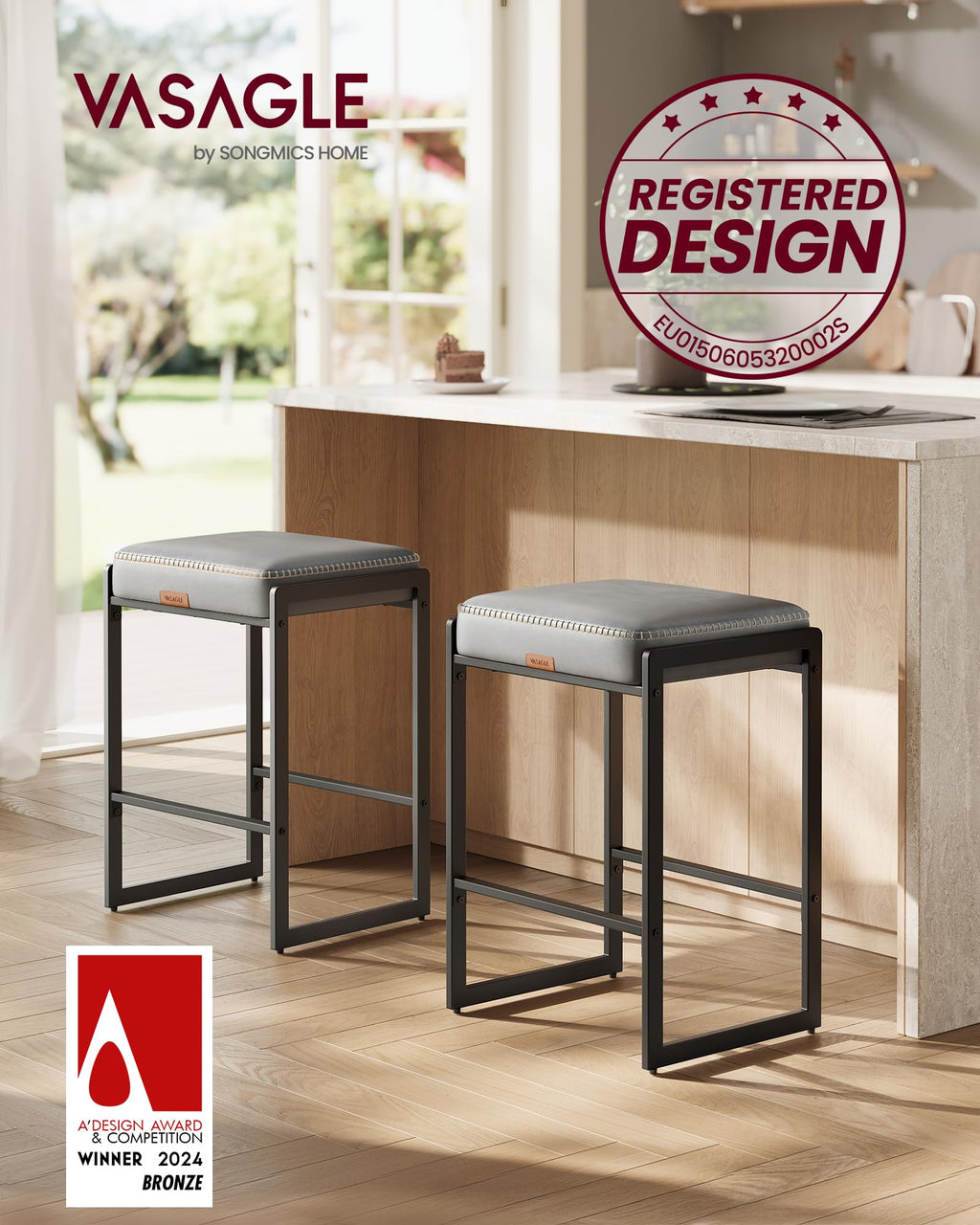 Bar Stools Set of 2, Counter Height Bar Stools, Synthetic Leather with Stitching, Mid-Century Modern Counter Stools, 26-Inch Tall, Kichen Home Bar Dining Room, Dove Gray