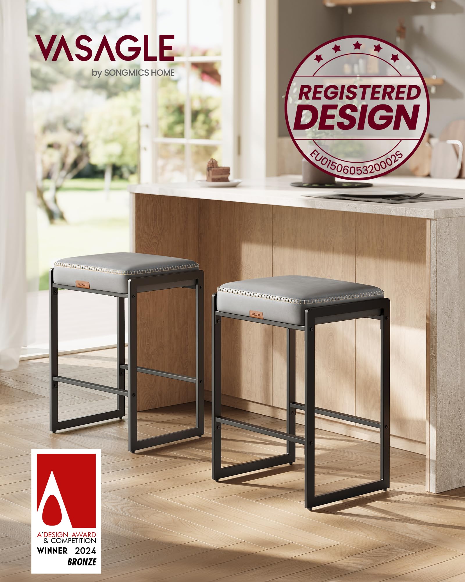 Bar Stools Set of 2, Counter Height Bar Stools, Synthetic Leather with Stitching, Mid-Century Modern Counter Stools, 26-Inch Tall, Kichen Home Bar Dining Room, Dove Gray