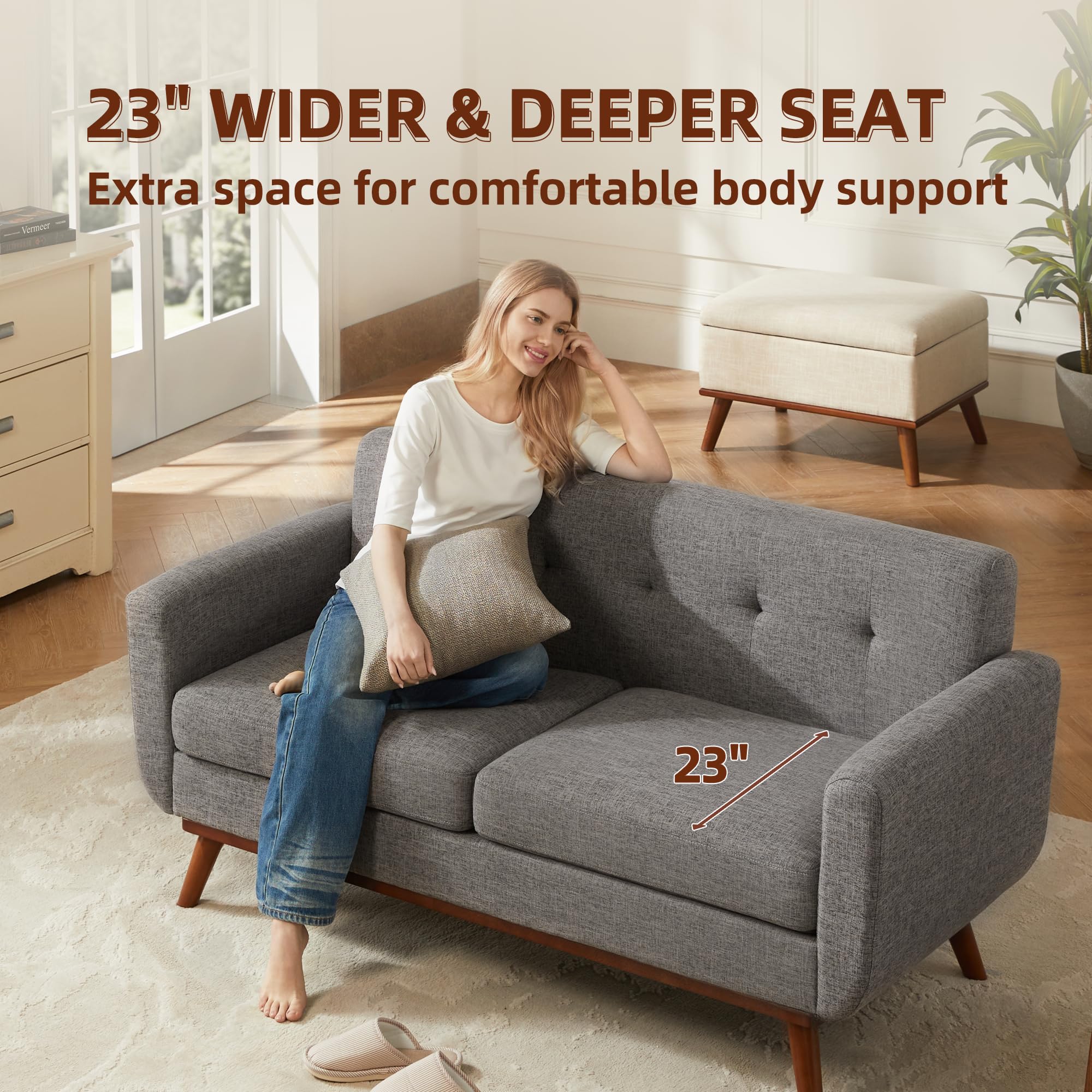 65.2" W Loveseat Sofa, Mid Century Modern Decor Love Seat Couches for Living Room, Button Tufted Upholstered Furniture, Solid & Easy to Install Small Couch for Bedroom Office Apartment, Grey