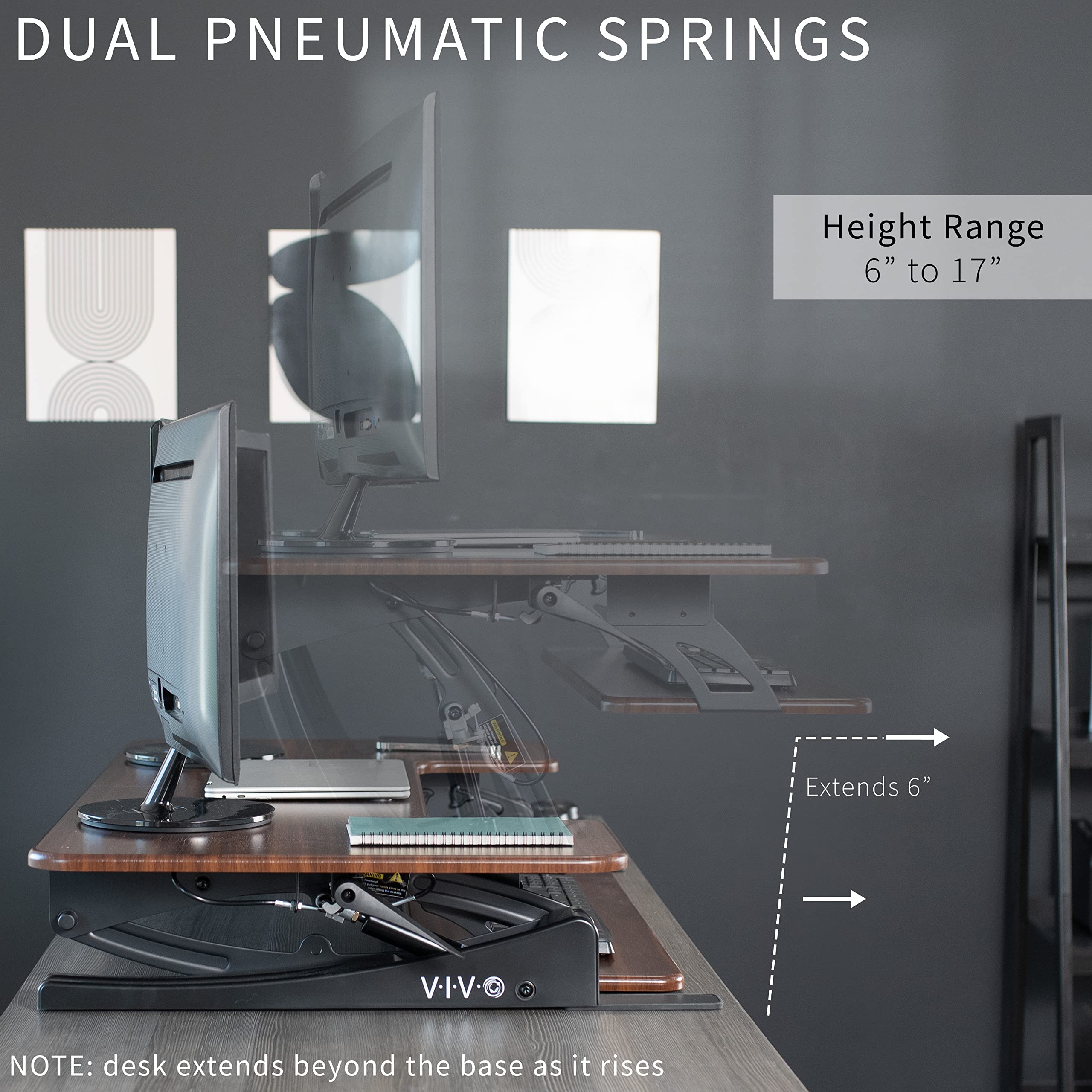 42 inch Height Adjustable Stand Up Desk Converter, V Series, Quick Sit to Stand Tabletop Dual Monitor Riser Workstation, Dark Walnut Top, Black Frame, DESK-V000VLD